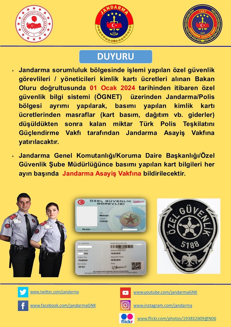 Jandarma Sorumluluk Bölgesinde İşlemi Yapılan Özel Güvenlik Görevlileri/Yöneticileri Kimlik Kartı Ücretleri